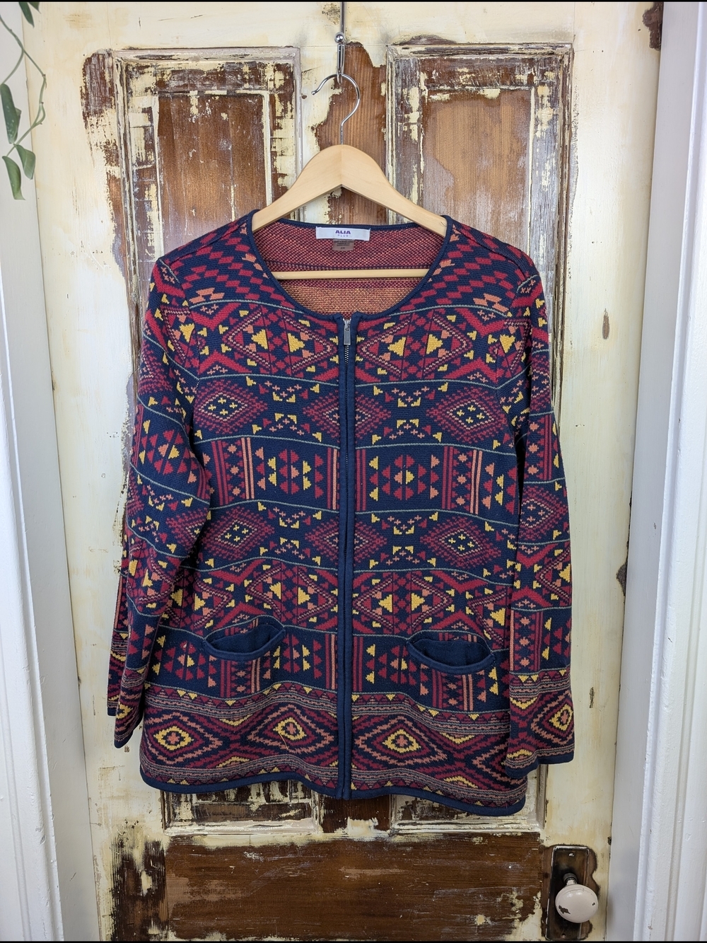 Vintage Alia Plus Southwestern Knit Zip Cardigan Jacket 2X Western Boho